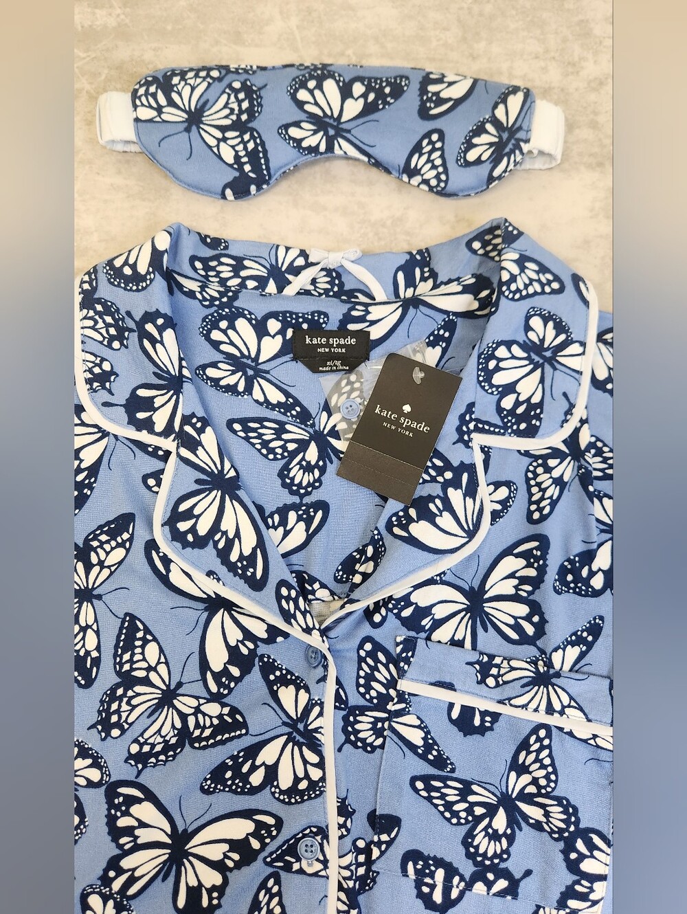 Kate Spade Buttom Up Pajama Top Eye Mask Set Blue Butterfly Print XL Boho Lounge
